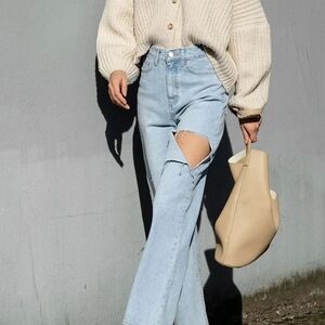 OAK + FORT Light Blue Ripped Flare Jeans